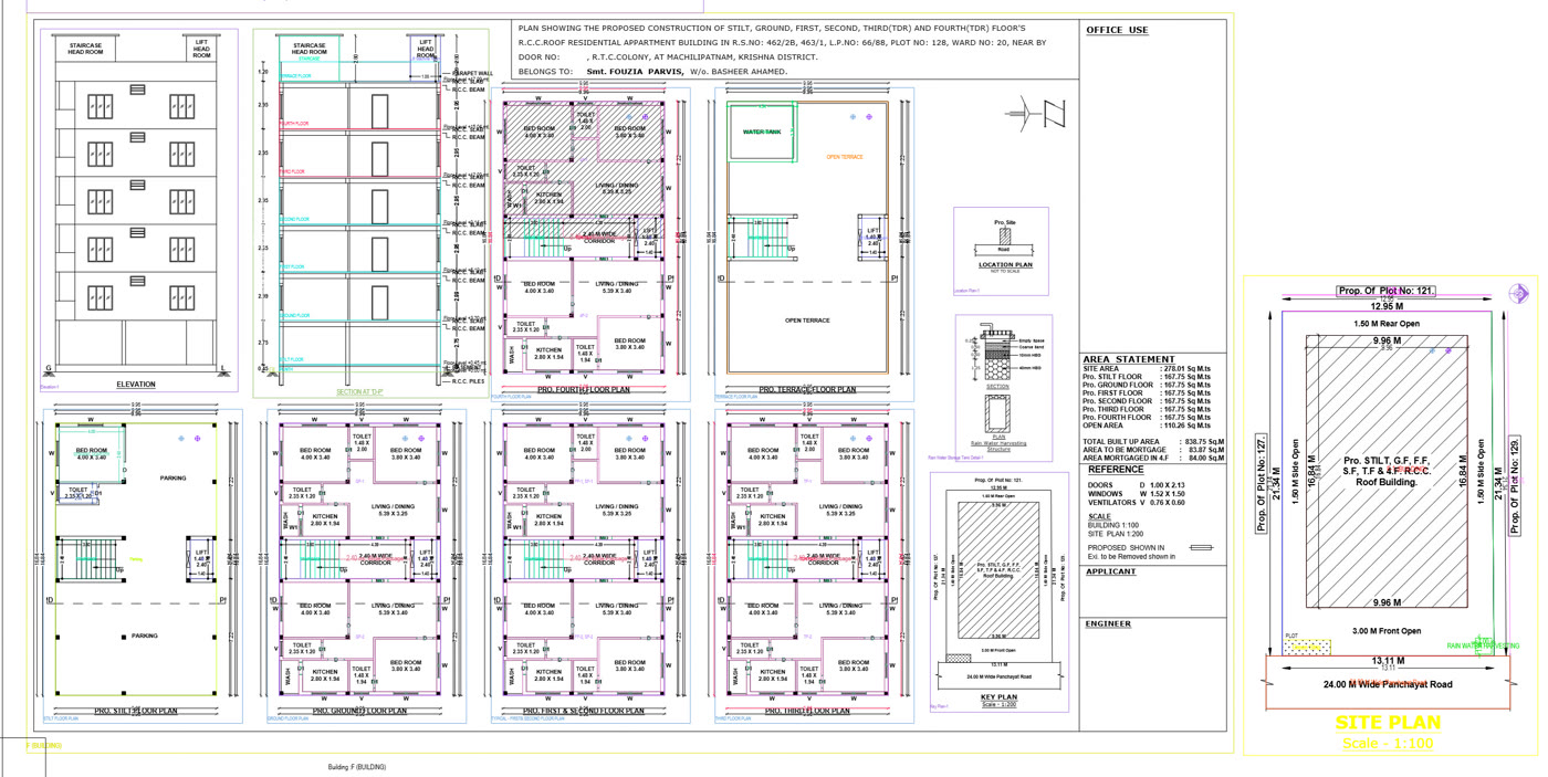 A1 Residency building plan – stilt and 5 floors, elevation, section and site plan, RTC Colony, Machilipatnam